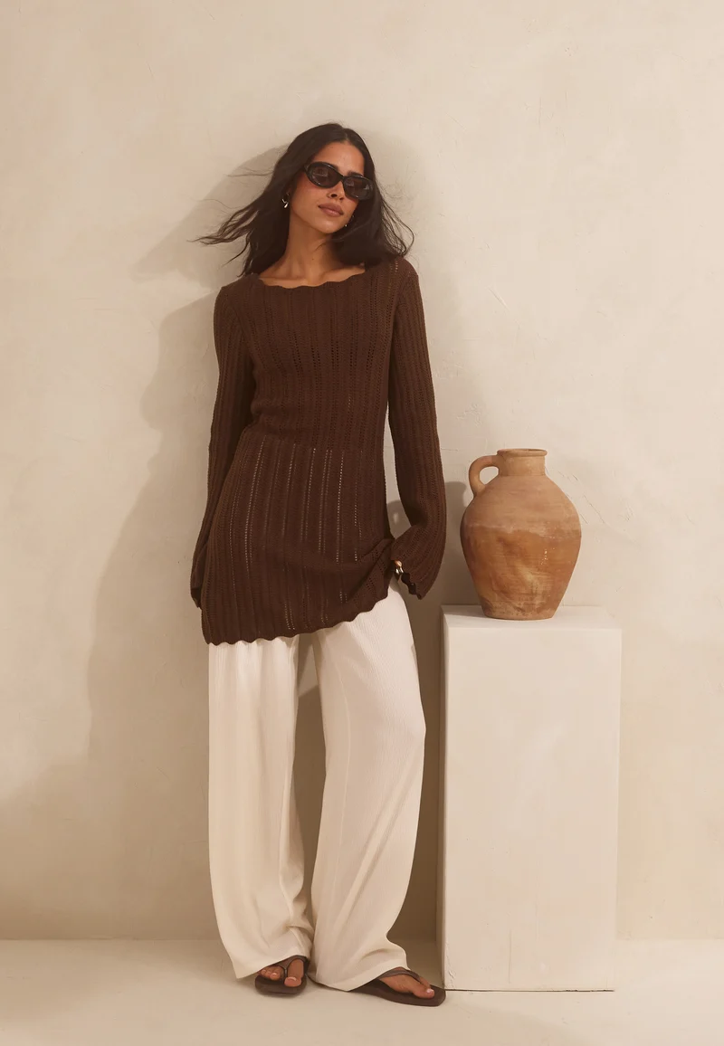 Boat Neck Structure Knitted Short Dress