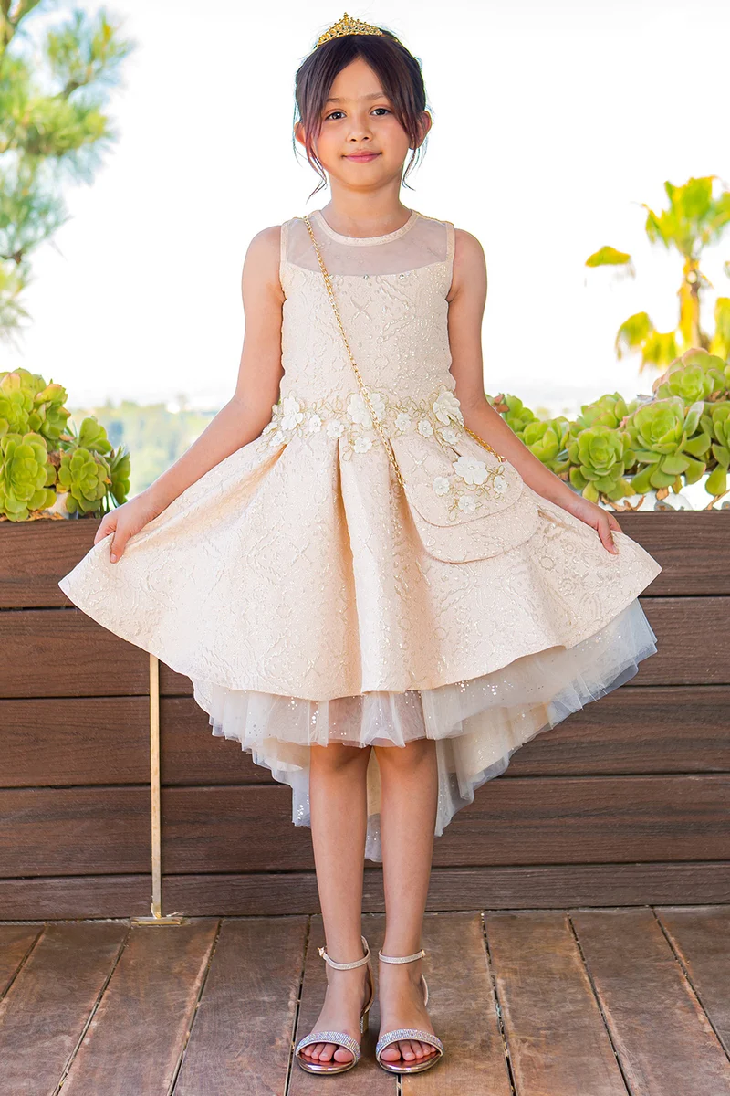 Vacker ärmlös hög låg tjejfestklänning från Cinderella Couture USA AS9147