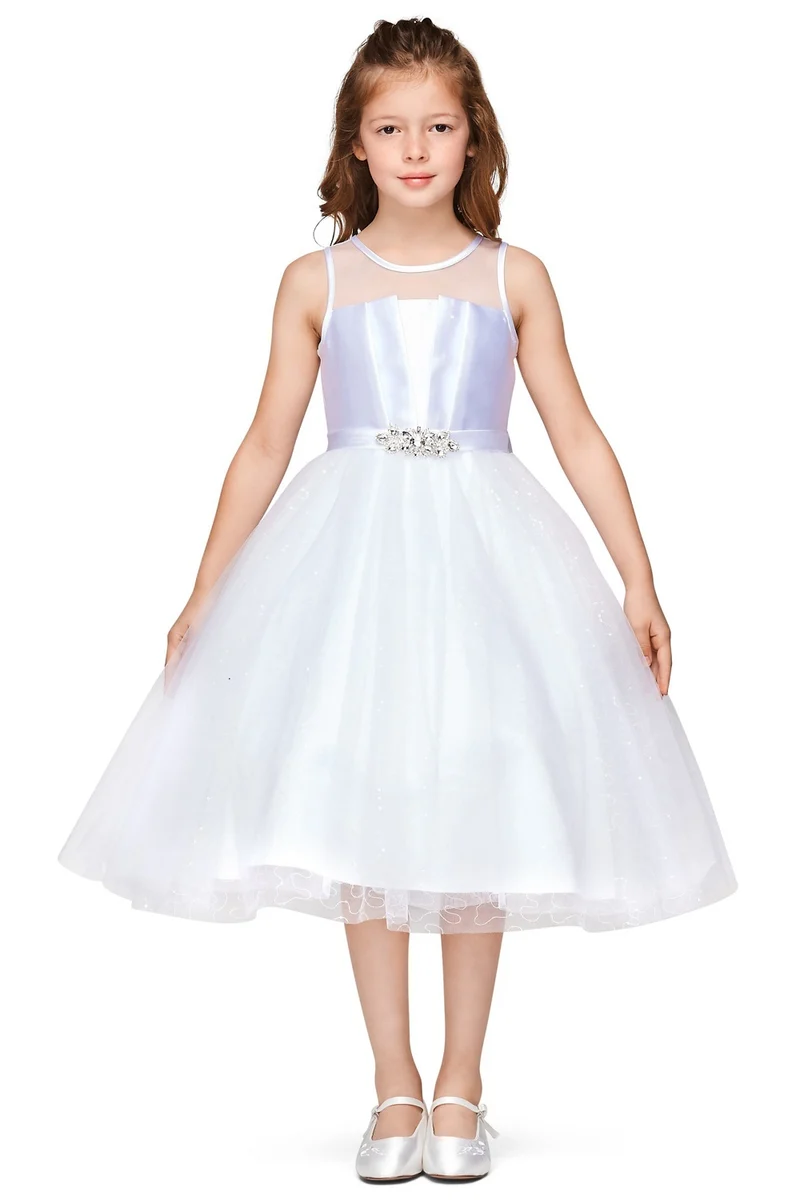 Satin Illusion Neckline Plisserad Tyll Girl Party Dress från Cinderella Couture USA AS5076N