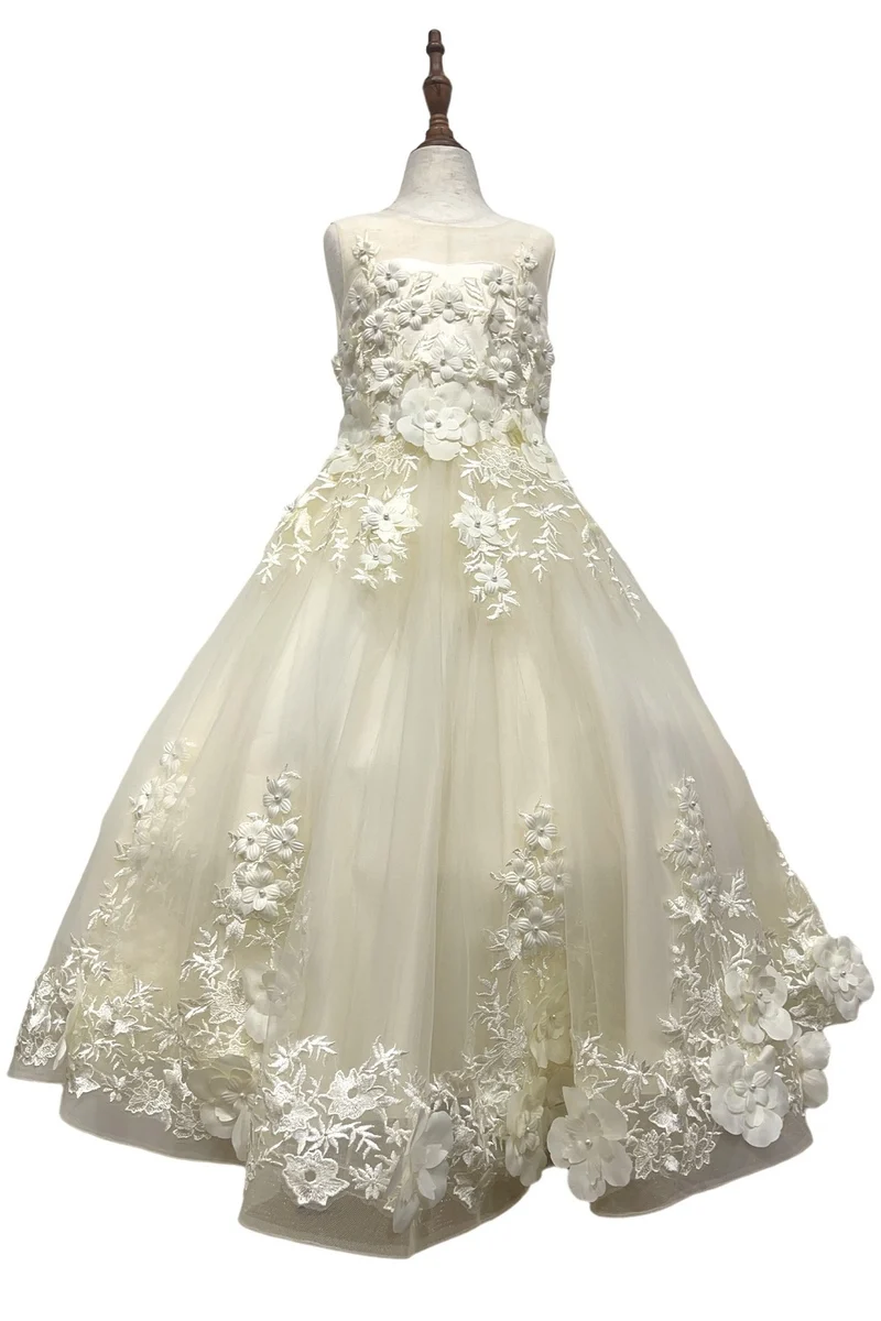 Vacker Illusion Tulle Flower Girl Klänning från Cinderella Couture USA AS9153
