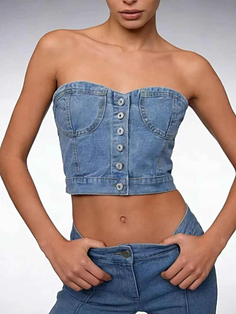 Smockad denim tubtopp med knappar framtill - Snygg bomullsblandning som sommartopp