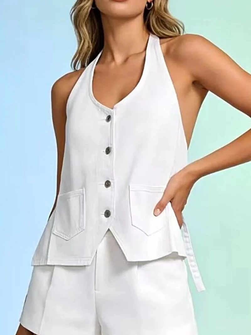 Halterneck-jeantopp med knappar och fickor - Trendsi Fashion Vest