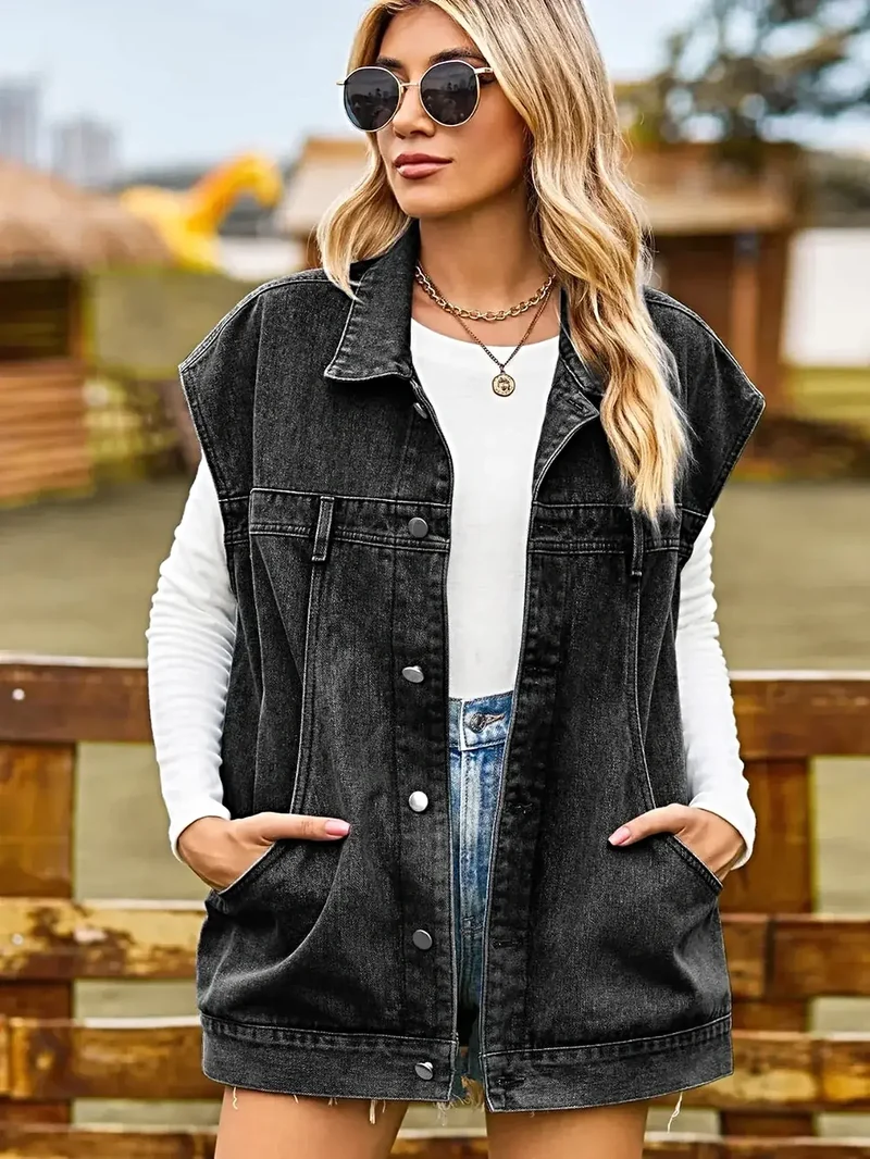 Elegant ärmlös jeansjacka med knappar och krage i halsen – Tidlös stil, ingen stretch