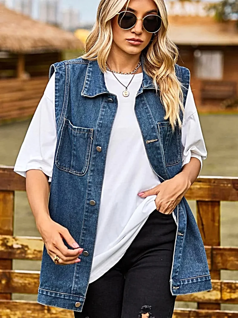 Snygg ärmlös jeansväst med krage och fickdesign - Avslappnad stil