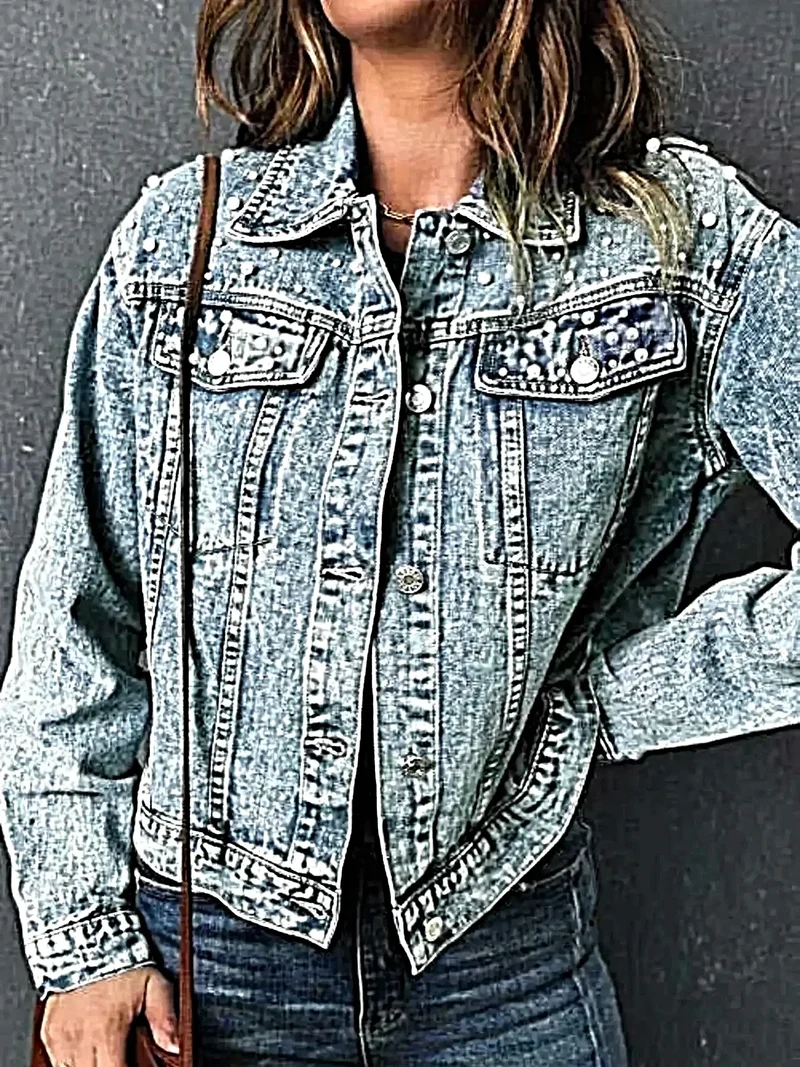 Pärldetalj i denim - Långärmad med knappar och fickor, lyxig stil