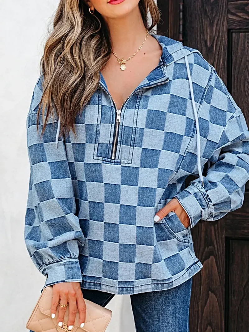 Snygg rutig denimhoodie med halv dragkedja, ficka och dragsko - Snygg komfort
