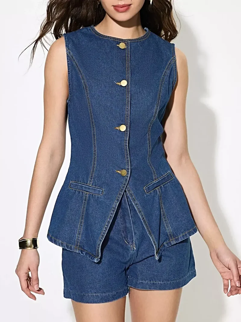 Snygg denimskjorta med knappar - Ärmlös design, 85 % bomull, perfekt för sommarutflykter