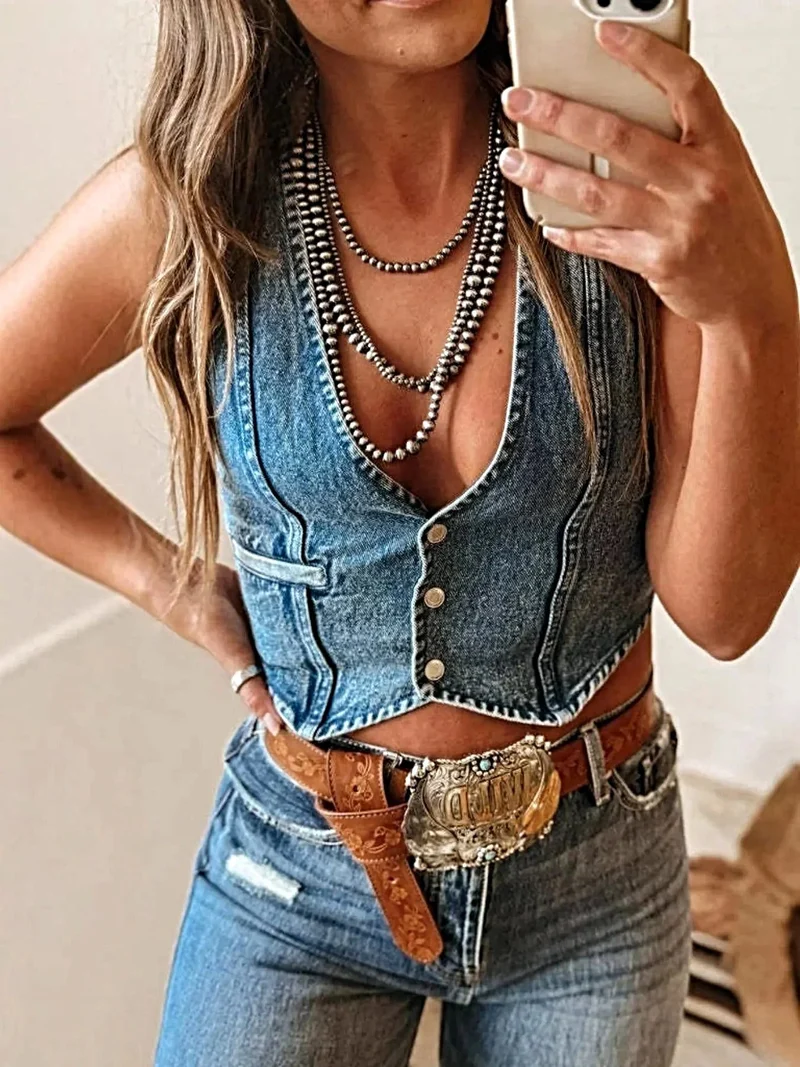 Snygg vintage-jeansväst med knappfickor - Avslappnad chic för alla tillfällen