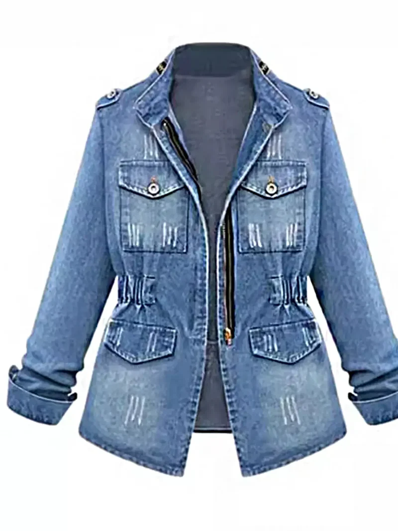 Denimjacka med bröstficka och dragkedja i full storlek, plus size