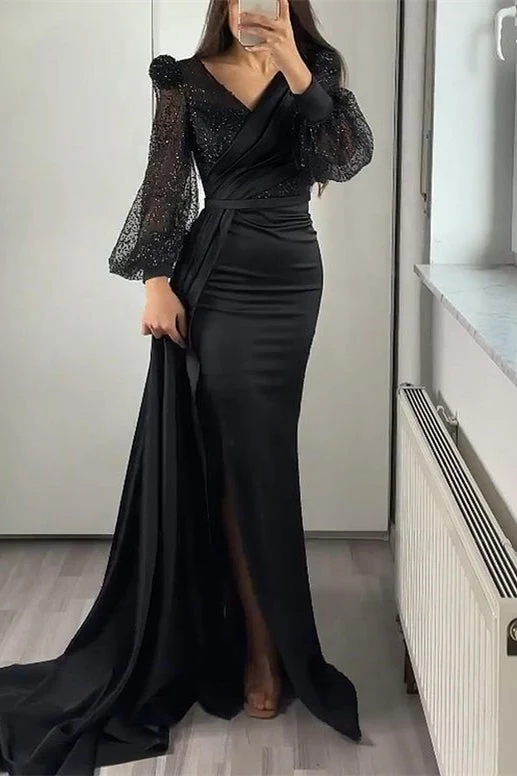 Elegant V-ringad långärmad paljett-sjöjungfru-aftonklänning med volang och slits