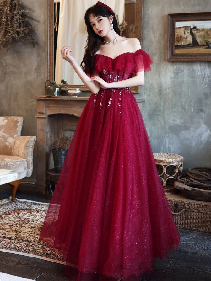 Fantastisk Elegant Vinröd Off-Shoulder Tyll Paljett Lång Aftonklänning