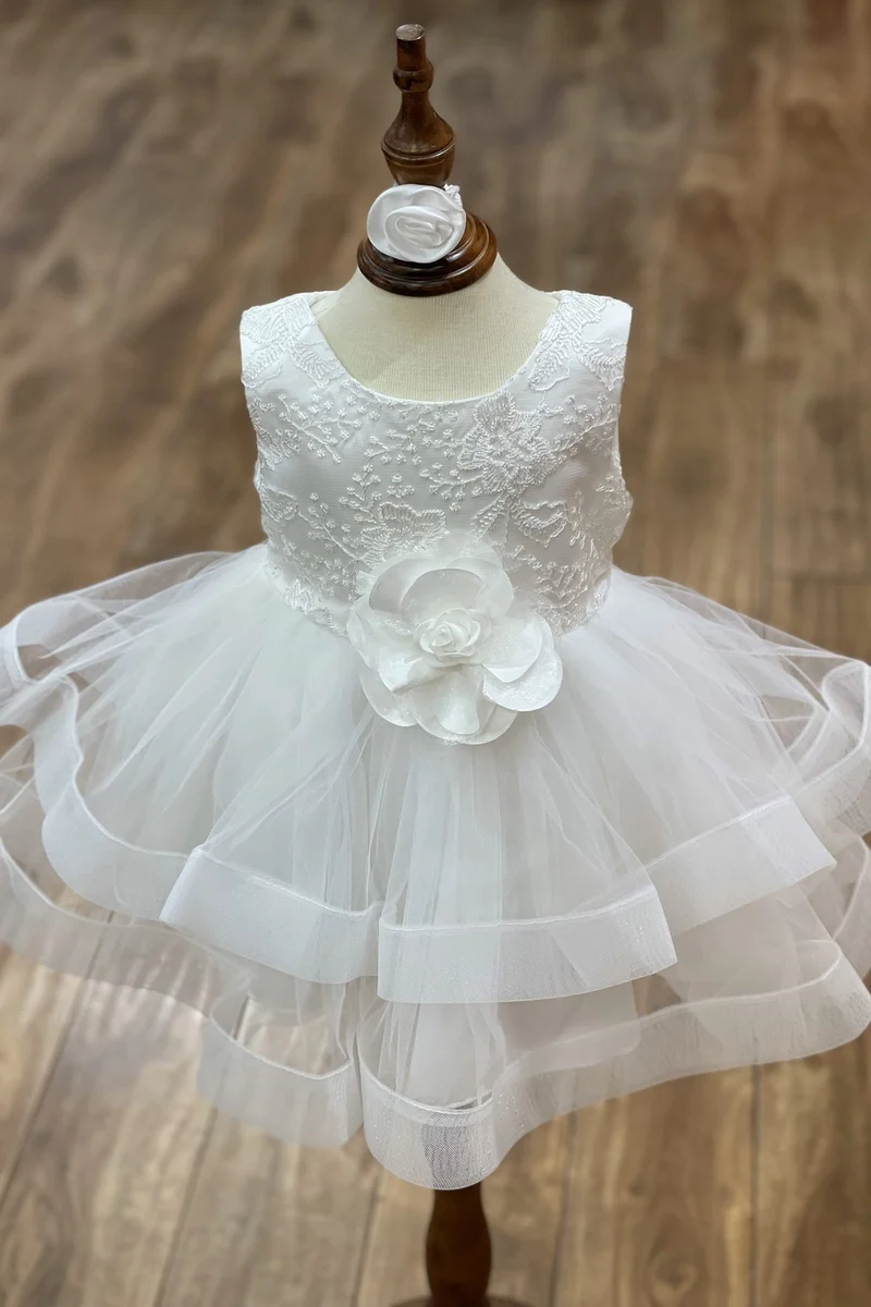Elegant ärmlös spets med faux blomma babyklänning från Cinderella Couture USA AS9138B