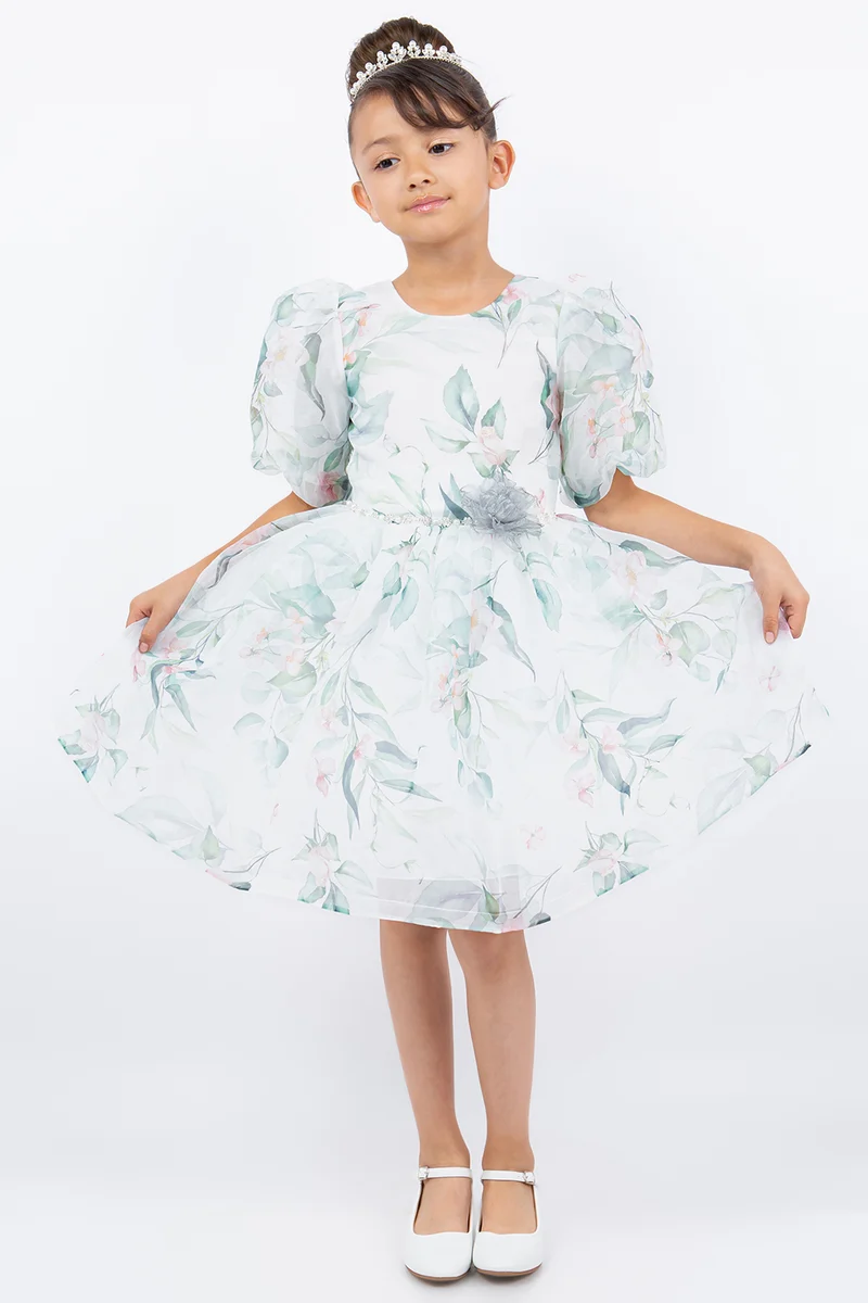 Flickklänning med tryck på puffärmar från Cinderella Couture USA AS9162