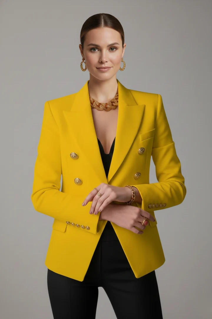 Rebecca | Damens dubbelknäppta blazer med detaljer i guldton
