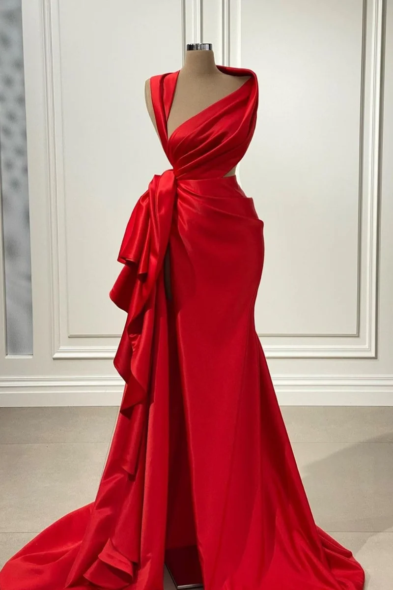 Elegant röd Charmeuse lång balklänning med hög slits – Queen Anne-ringning
