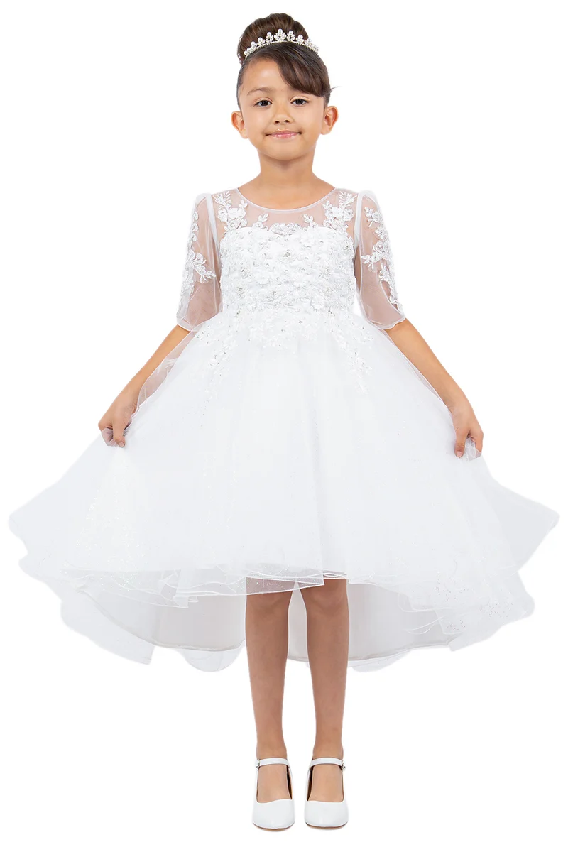 3/4 ärm Illusion High Low Flower Girl Dress från Cinderella Couture USA AS5128