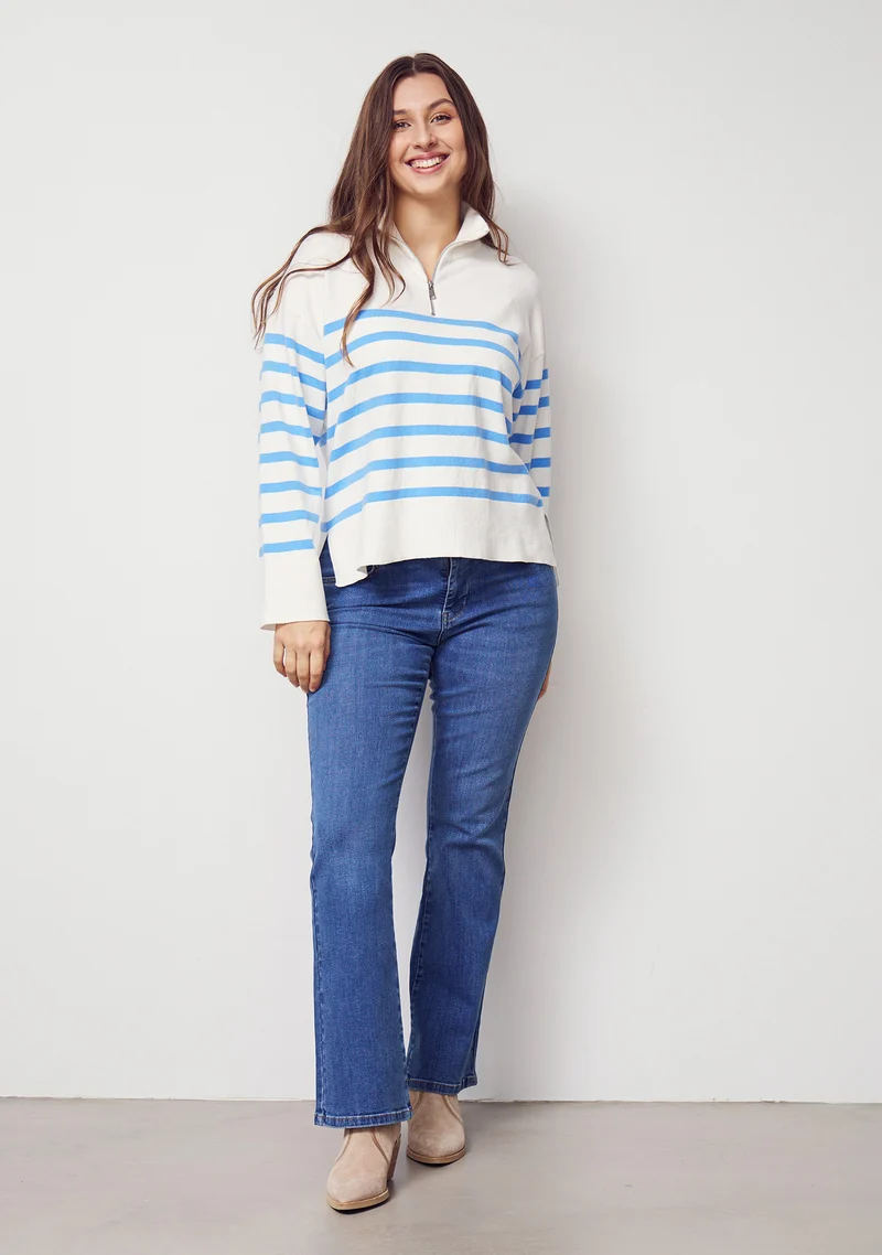 Frigga Zip Pullover - Broken White w/Skyblue