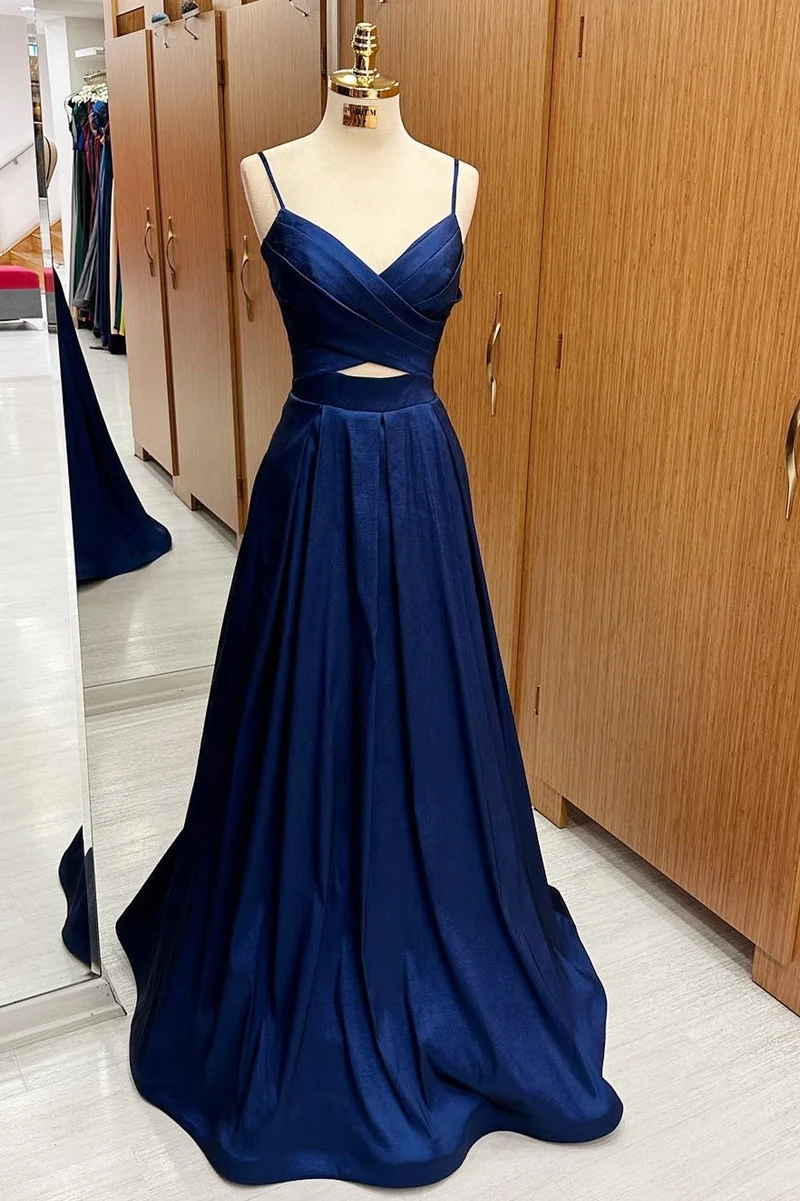 Marinblå Surplice Cutout Lace-Up Maxi examen högtidlig klänning