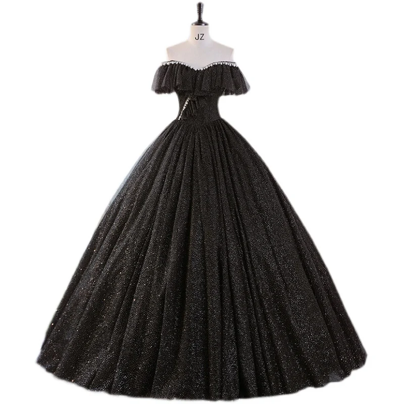 Glitter Off The Shoulder Balklänning Svart Gothic Sweet 16 Dress