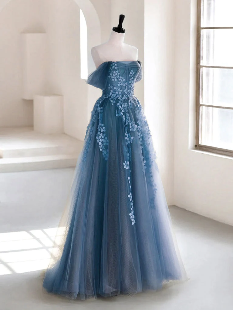 Fairy Dusty Blue Tulle Blommig Spets Boho Balklänning