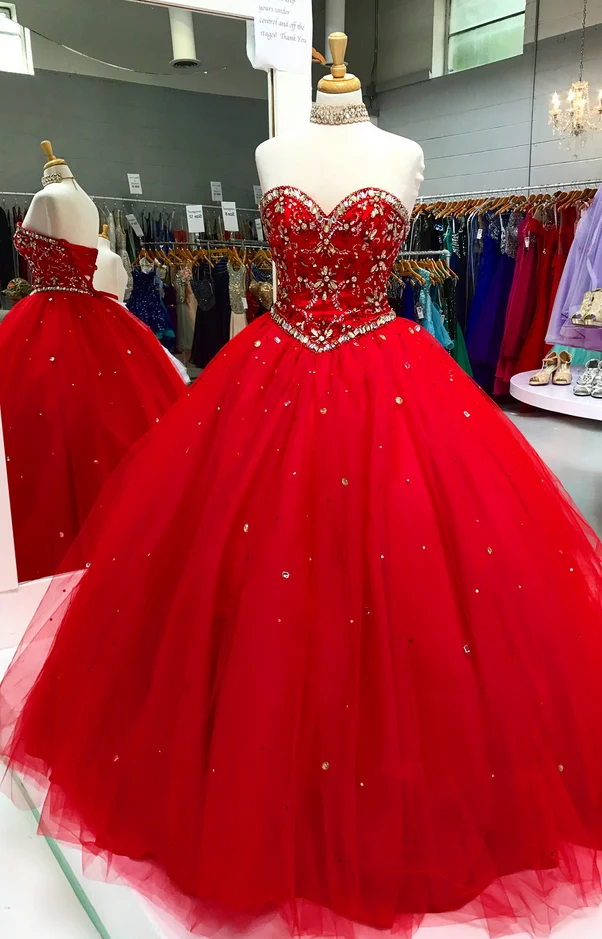 Drop Midja Röd Bead Top Tulle Balklänning Quinceanera Klänning
