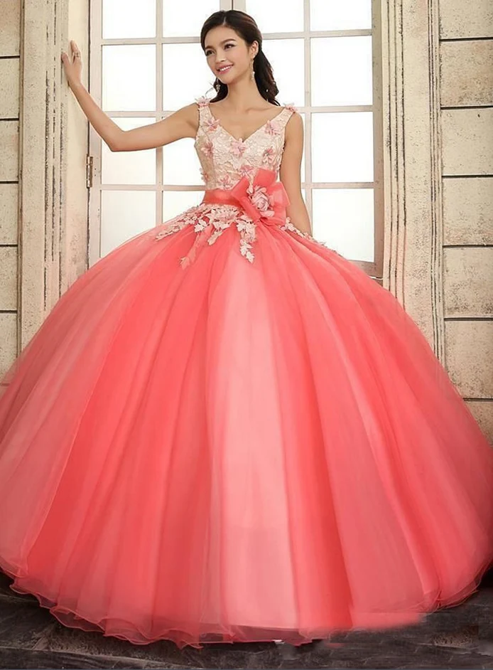 Vattenmelon V-hals Kontrastfärg Balklänning Quinceanera Klänning