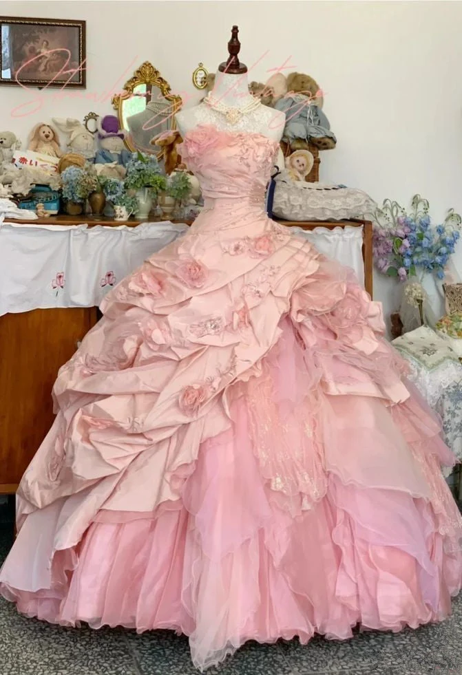 Rosa A-linjeformad Prinsessa Quinceaneraklänning Balklänning