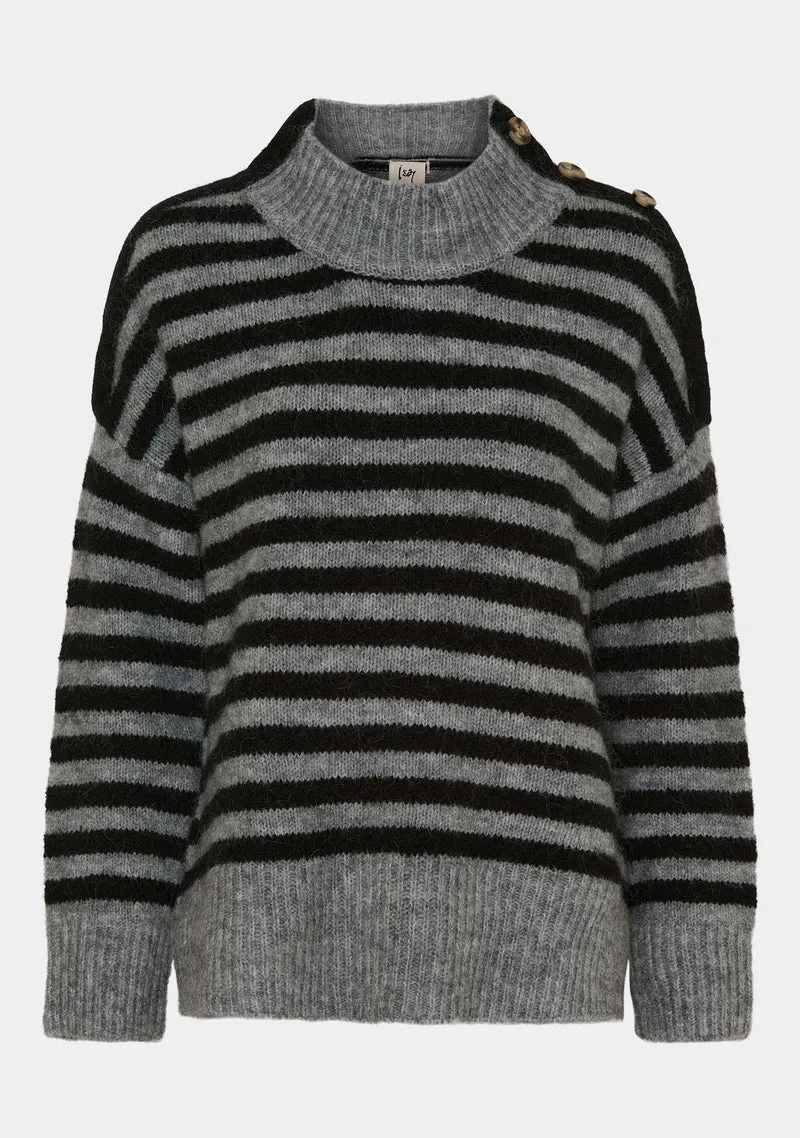 Anna Button Pullover - Grey/Black Stripe