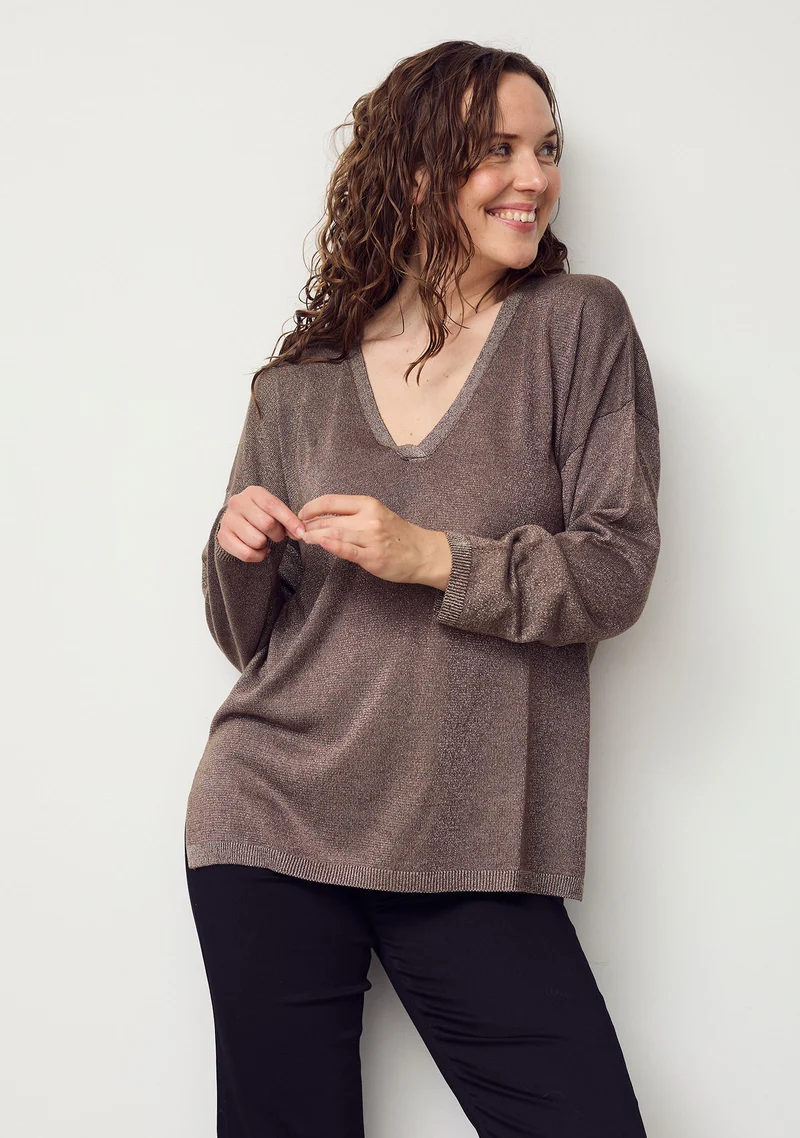 Viana Knit Pullover - Mole w/gold metallic
