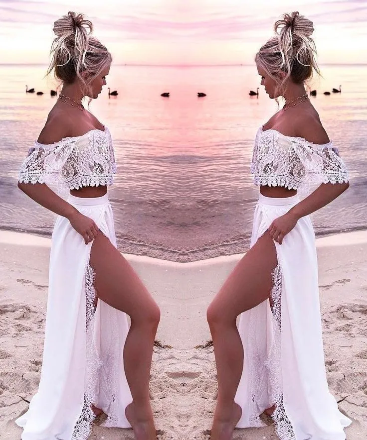Off Shoulder Lace Beach Tvådelad Bröllopsklänning