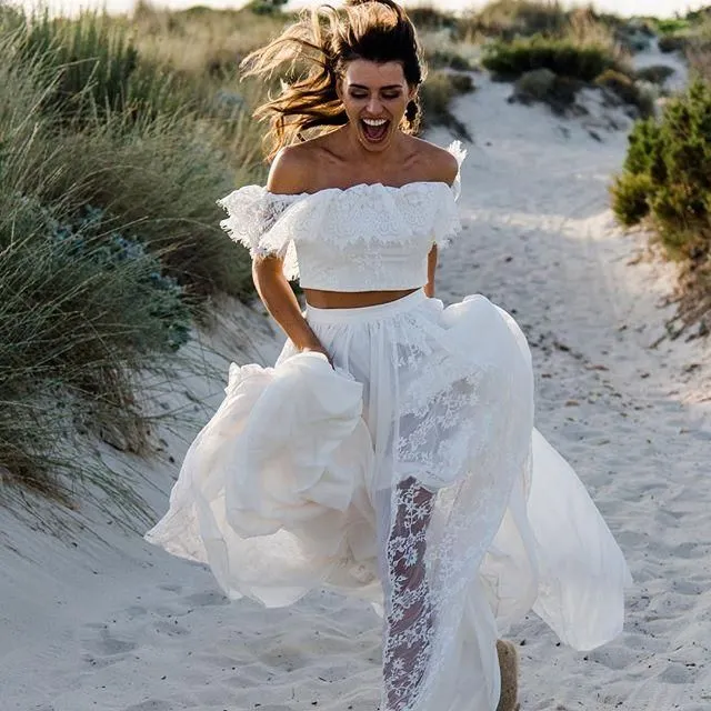 Flowy Boho Spets Tvådelad Beach Bröllopsklänning