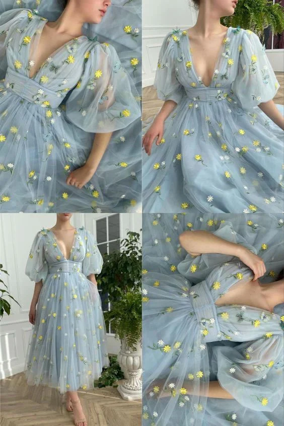 Dusty Blue Tea Längd Bröllopsklänning med bubbelärmar