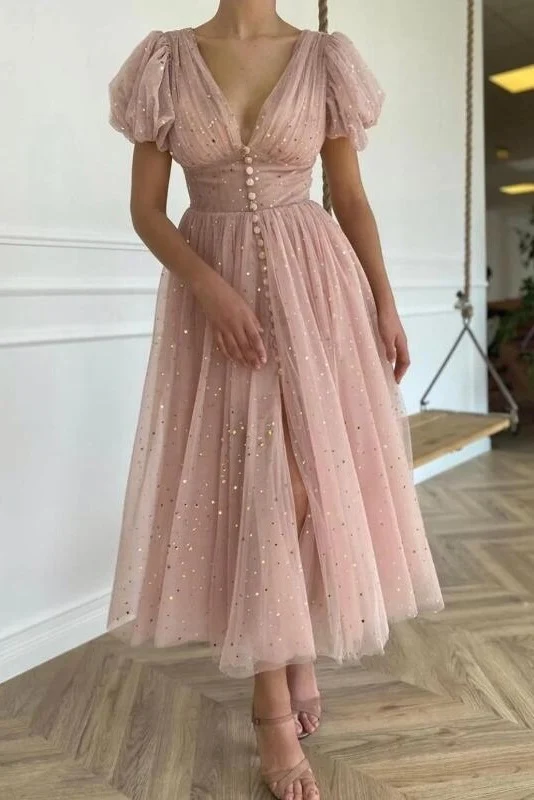 Dusty Rose Calf Längd Bröllop Gästklänning Cocktailpartyklänning