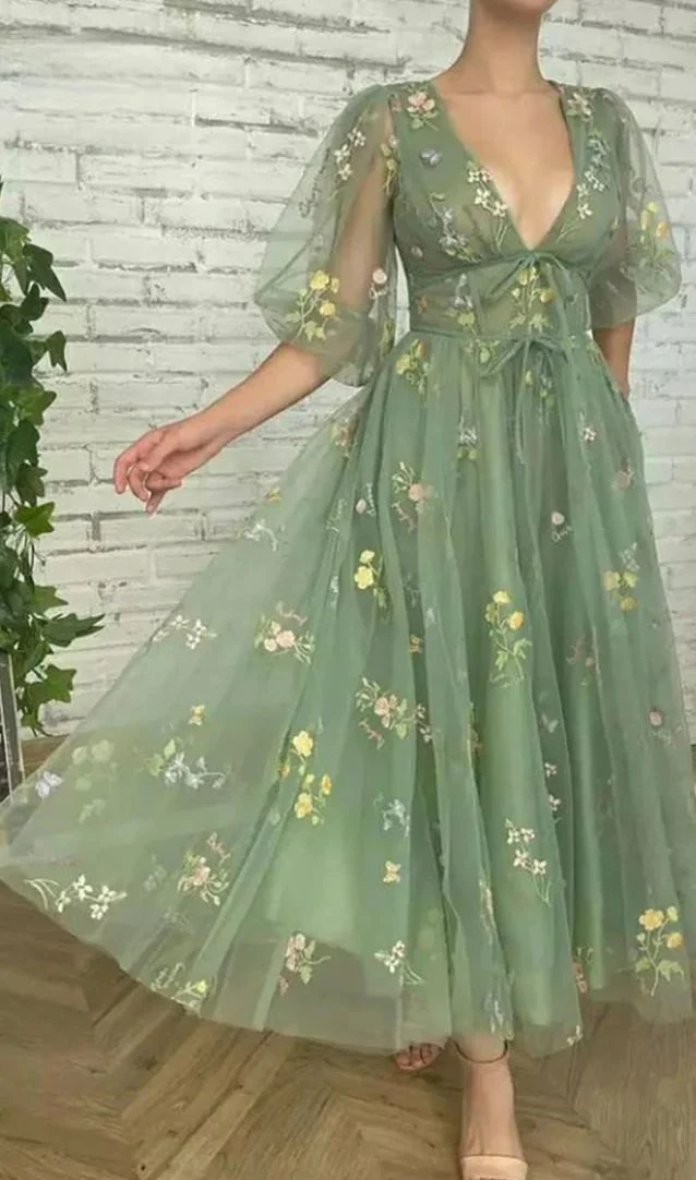 Sage Green ankellängd spets balklänning med bubbelärmar