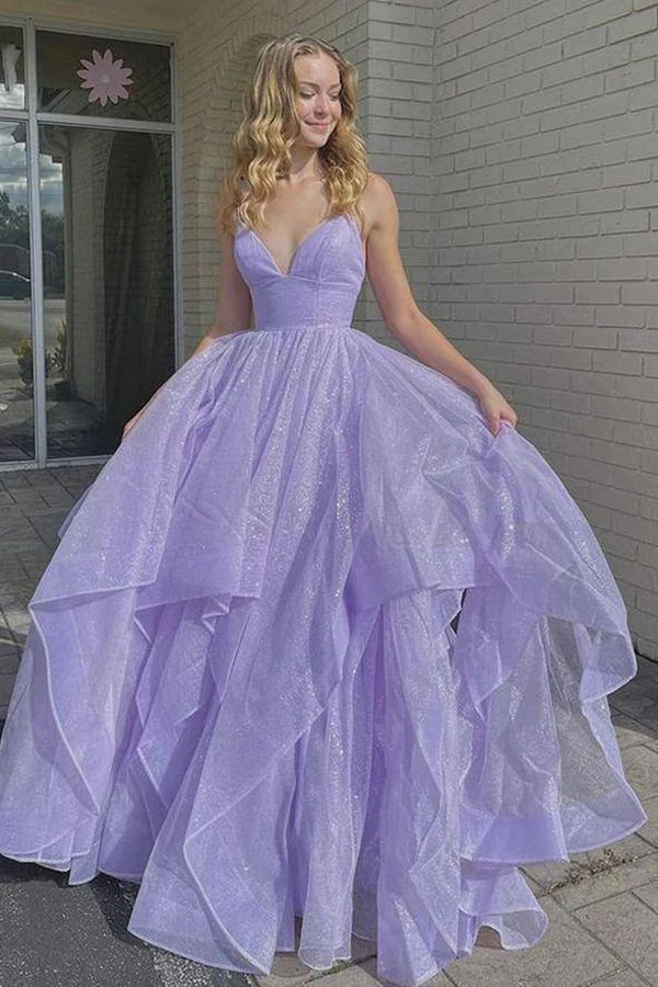 Lavendel volanger Backless Poofy balklänning