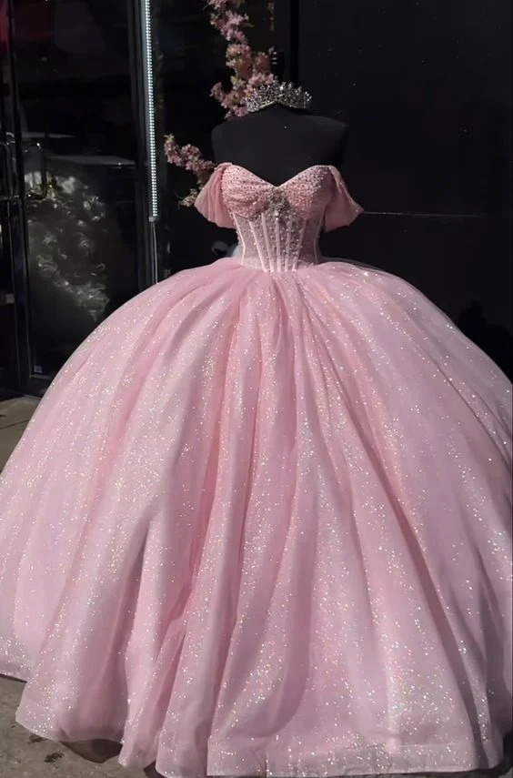 Glittriga Pärlor Rosa Quinceanera Klänning Balklänningar