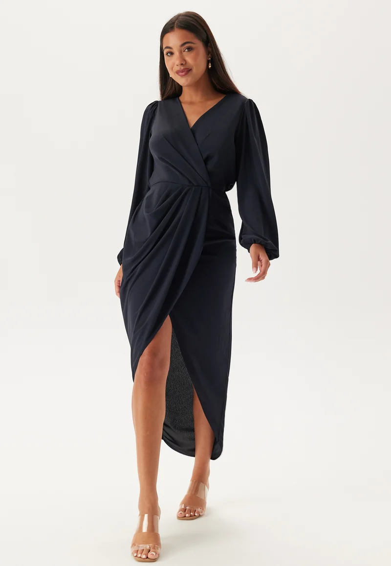 Balloon Sleeve Wrap Front Maxi Dress