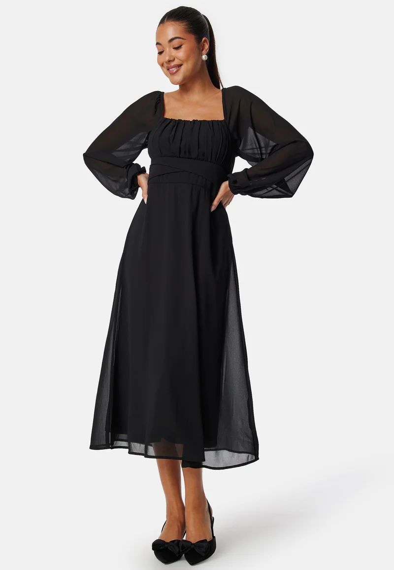 Square Neck L/S Midi Georgette Dress