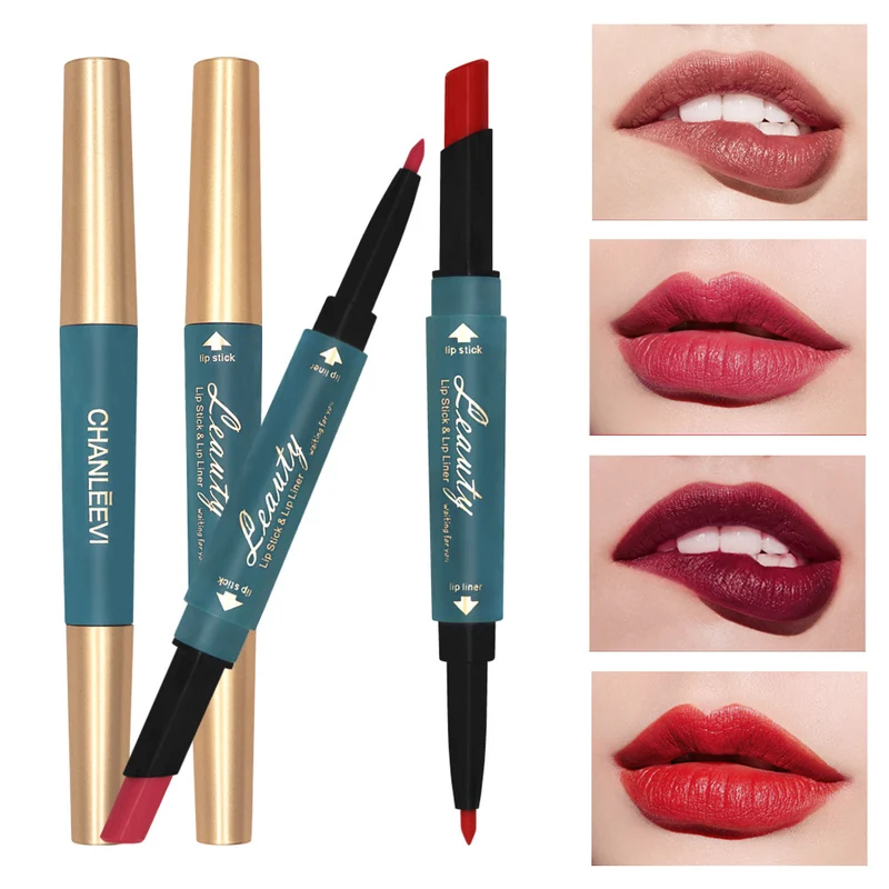 Net red makeup double-headed automatic lipstick lip liner waterproof and non-sticky cup long-lasting makeup berry color lipstick thin tube
