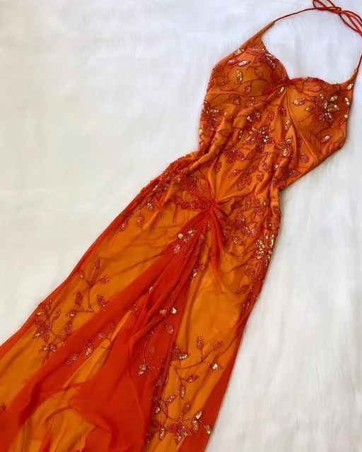 Elegant Orange Spaghettibands Pärlstav Balklänning Festklänning För Damer