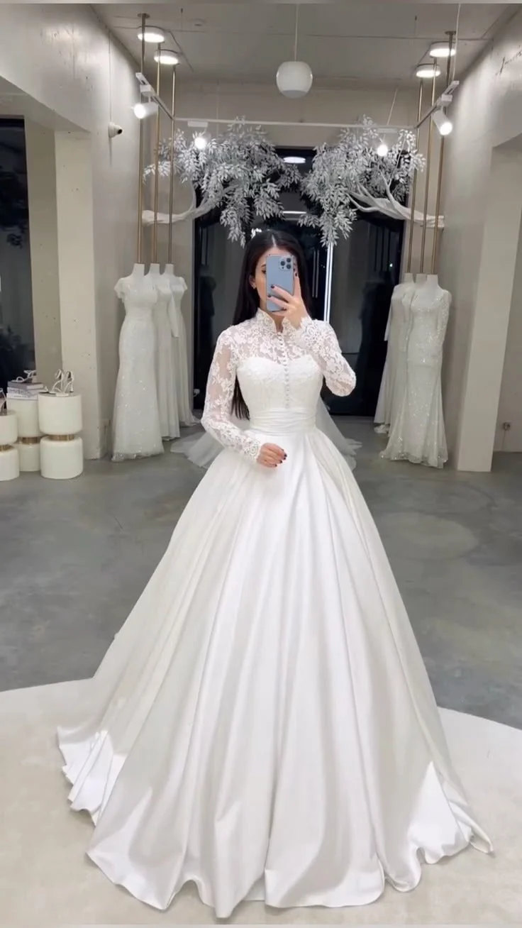 Elegant Satin Spets Bröllopsbrudklänning Lång Klänning