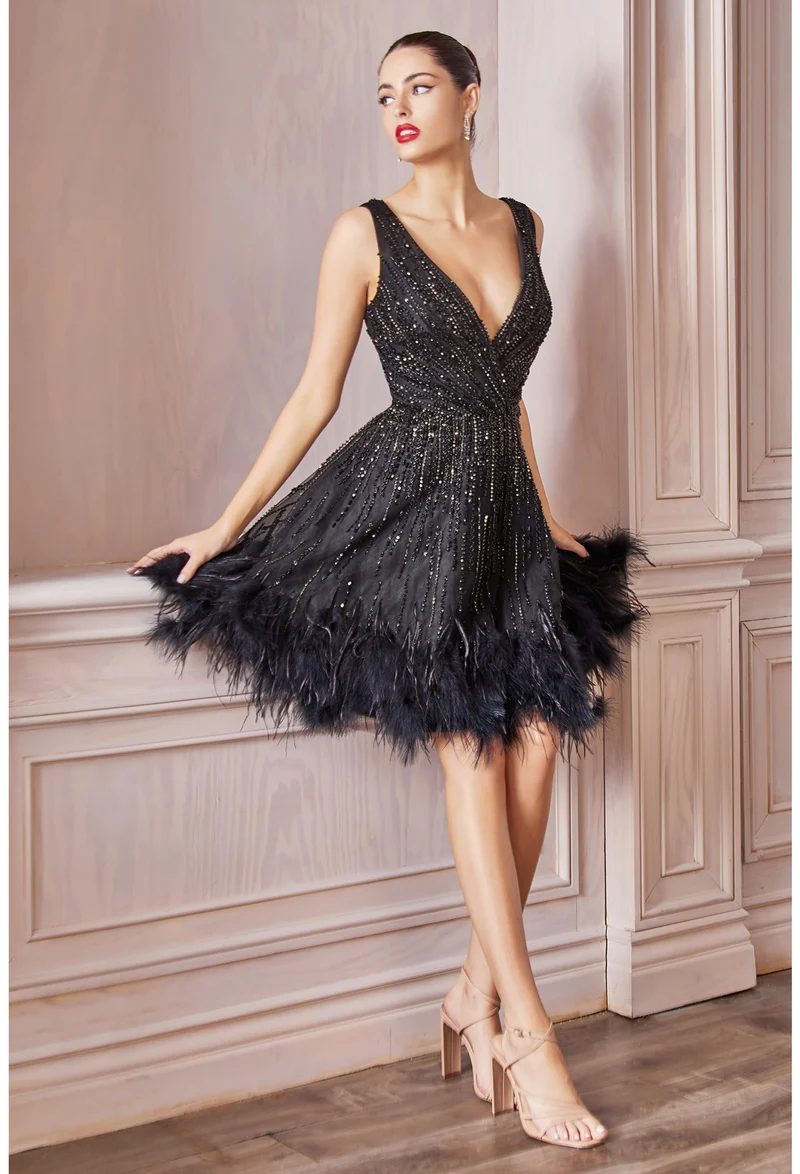 Jeweled fjäderglittrig A-line kort cocktailklänning från Andrea & Leo Couture - A1012 Wren Dress - Kort