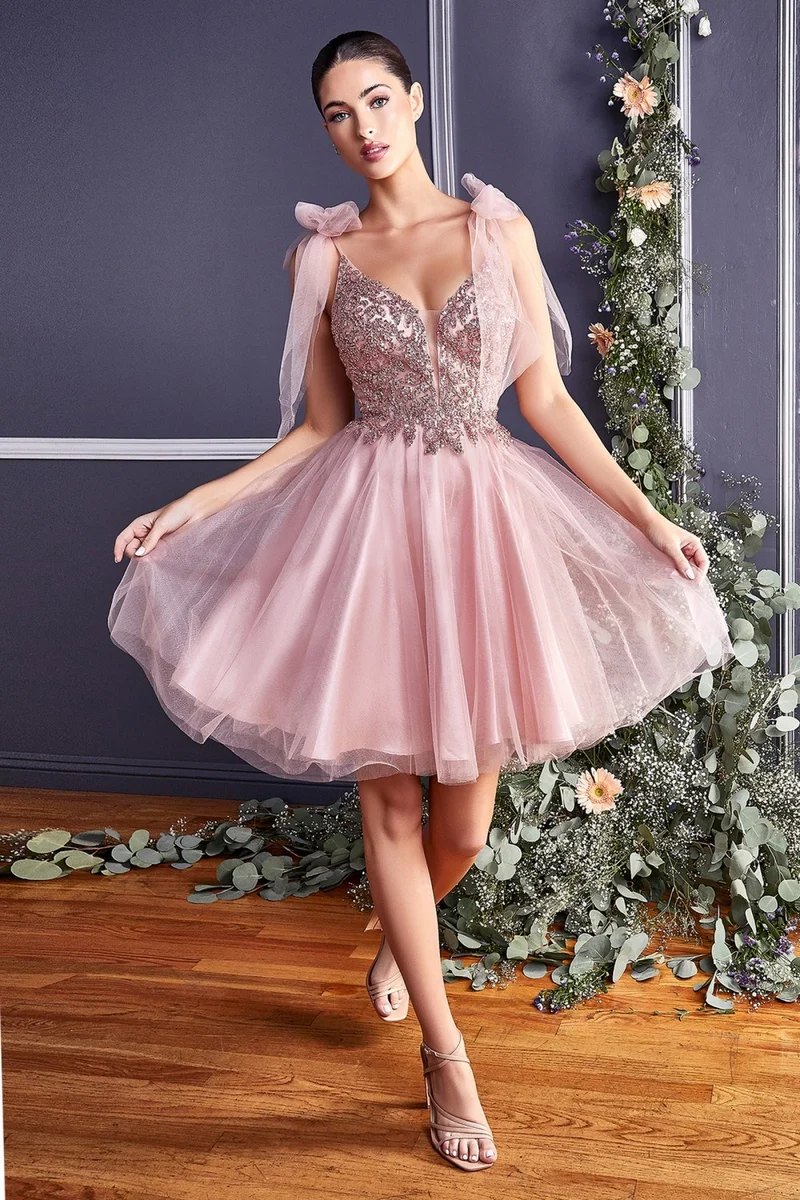 Pärlstav spets tyll A-line kort klänning med tyll rosett - Cinderella Divine CD0174