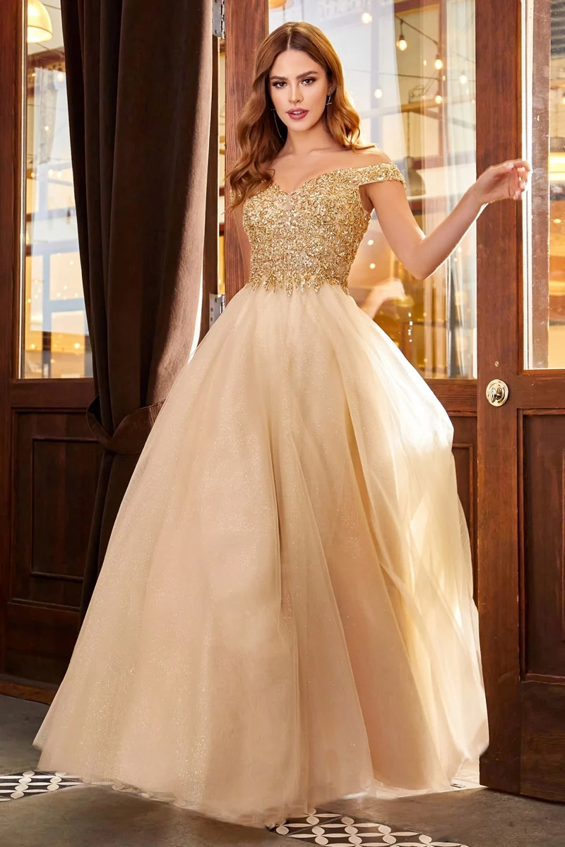 Sequns Lace Bodice and Tulle Off The Shoulder A-Line Klänning från Cinderella Divine - CD0177 - Special Occasion