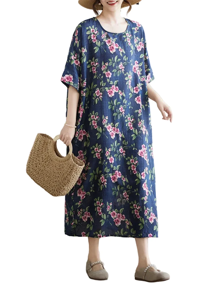 Dam Maxiklänning Med O-ringning och Mönster Plus Size Blå blomma
