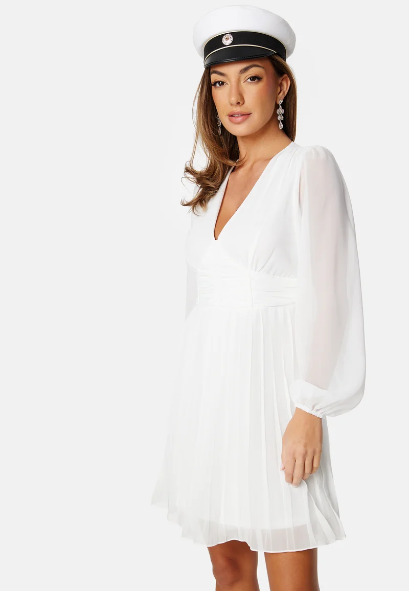 Pleated L/S Chiffon Dress