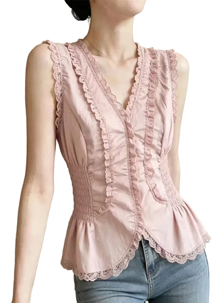 Damtop V-ringad Patchwork med Spetsdetaljer