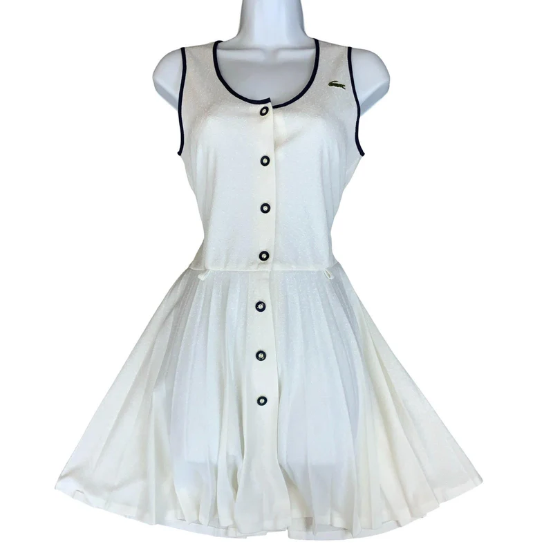 VTG 90s WHITE CHEMISE 'LACOSTE' PLEATED BUTTON-DOWN TENNIS MINI DRESS S 10