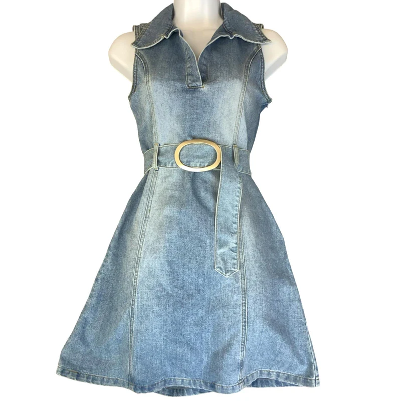 VTG 90s y2k 'ONE ONE' BLUE STONE WASH DENIM COLLARED MINI MOD GOGO DRESS XS 6