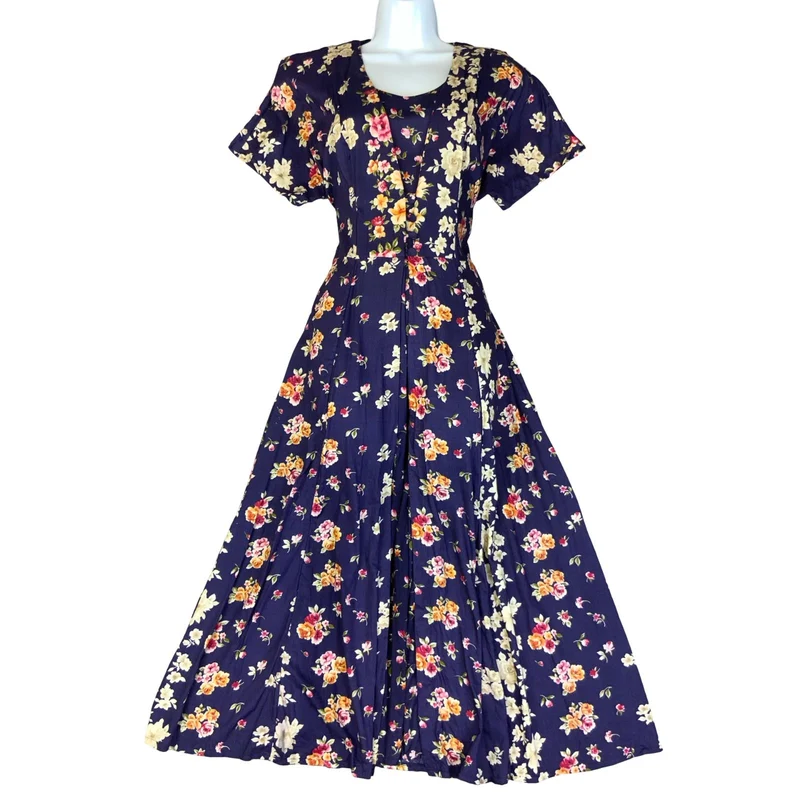 VTG 80s 'JAMIE BROOKE' BLUE FLORAL A-LINE MIDI COTTAGE CORE BOHO DRESS SMALL 8